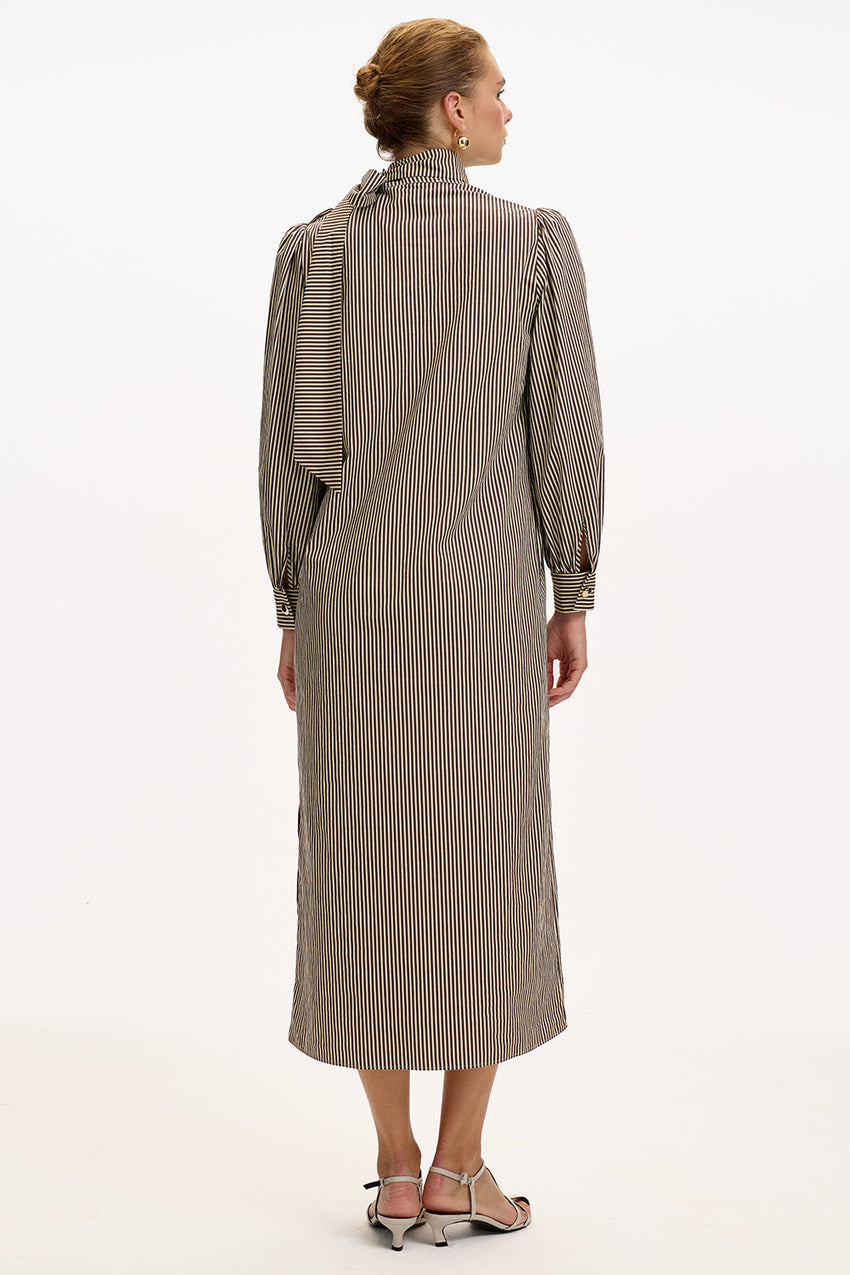 Brown Beige Striped Regular Fit Midi Dress with Long Sleeves, High Neck, and Belt