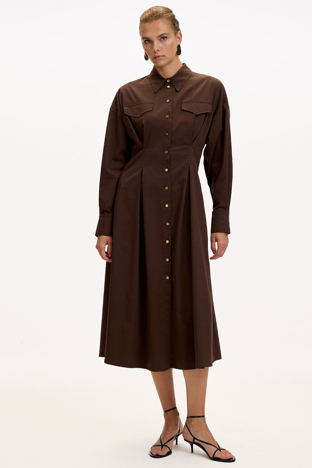 Brown Regular Fit Midi Dress with Shirt Collar, Long Sleeves, Buttons, and Pockets