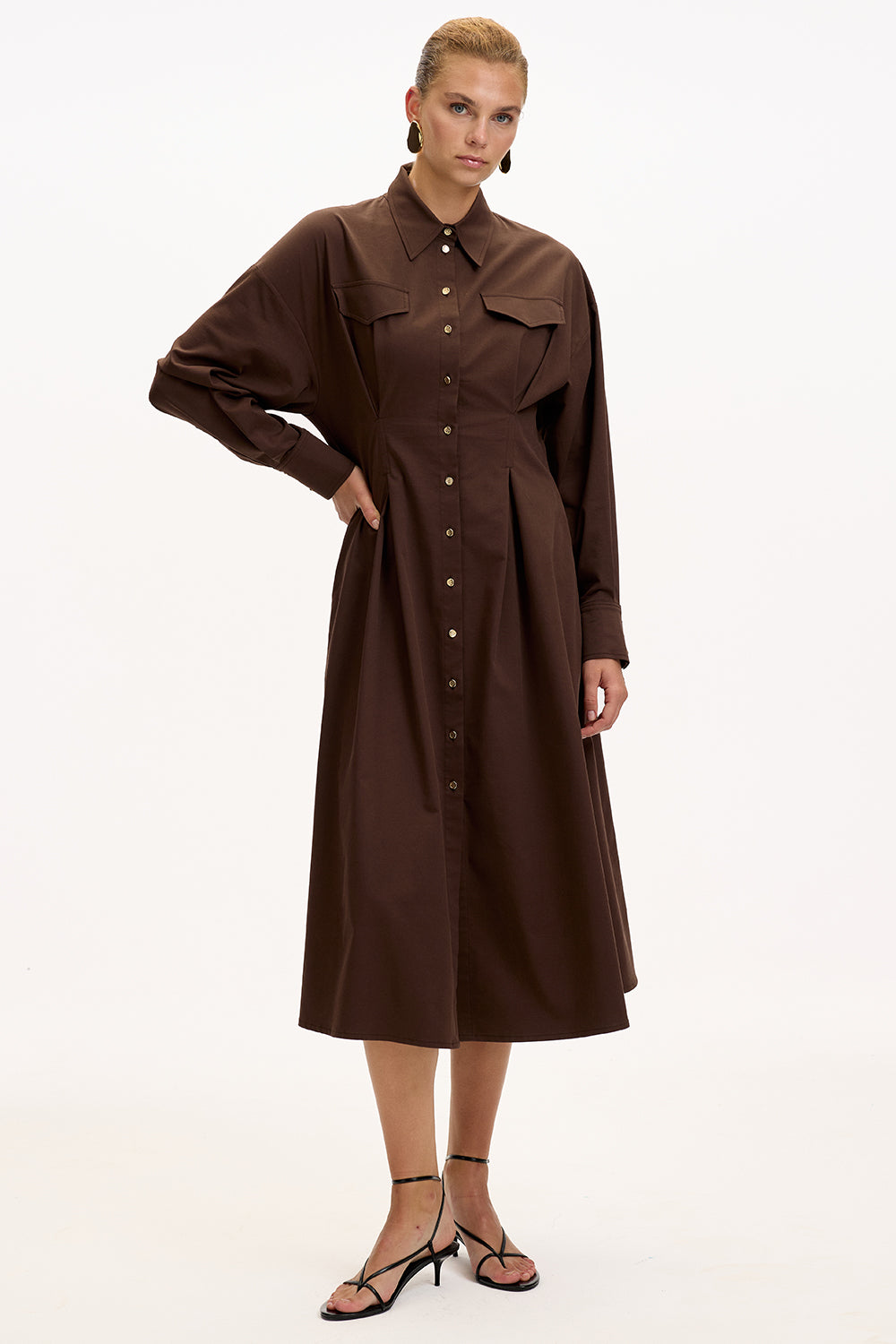 Brown Regular Fit Midi Dress with Shirt Collar, Long Sleeves, Buttons, and Pockets