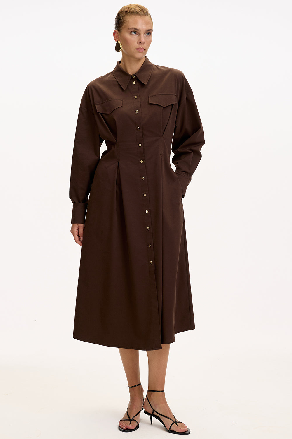 Brown Regular Fit Midi Dress with Shirt Collar, Long Sleeves, Buttons, and Pockets
