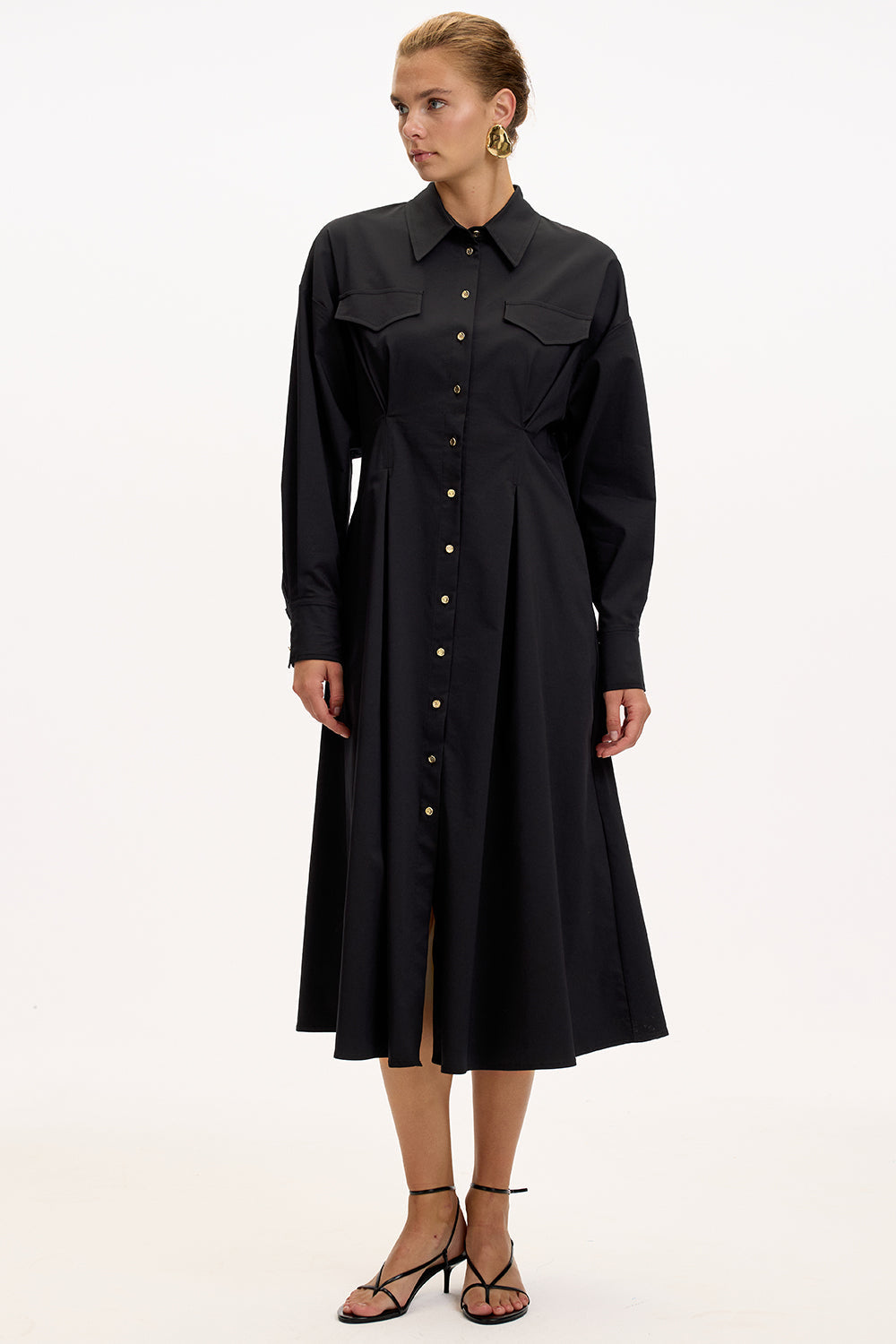 Black Regular Fit Midi Dress with Shirt Collar, Long Sleeves, Buttons, and Pockets