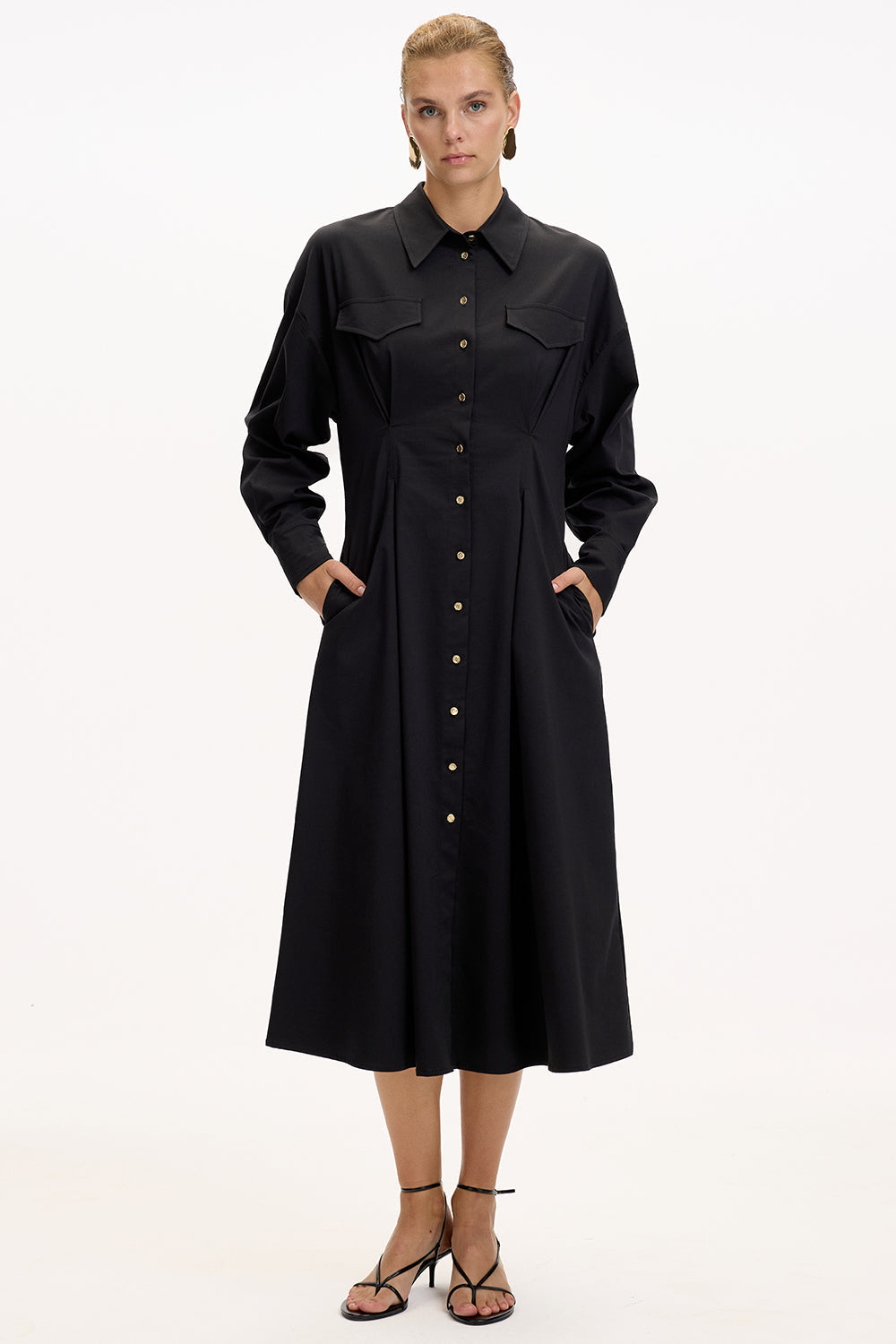 Black Regular Fit Midi Dress with Shirt Collar, Long Sleeves, Buttons, and Pockets