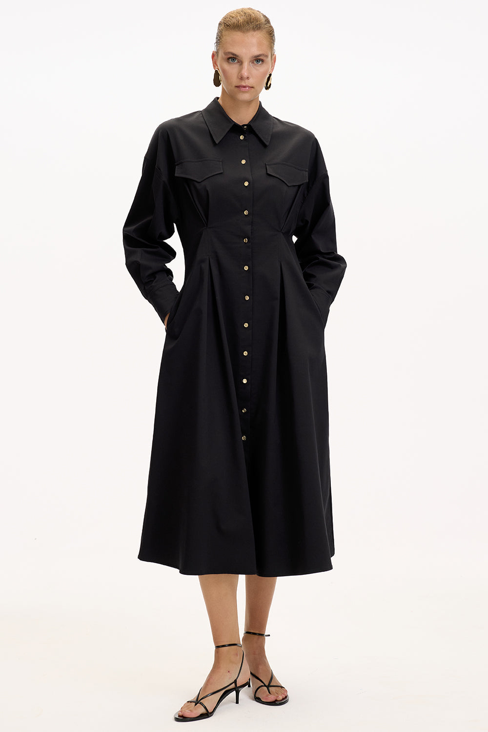 Black Regular Fit Midi Dress with Shirt Collar, Long Sleeves, Buttons, and Pockets