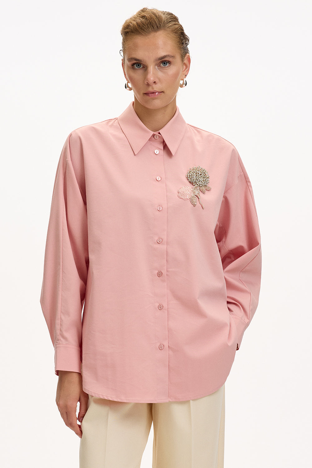 Dusty Rose Regular Fit Shirt with Long Sleeves and Floral Stone Embellishments