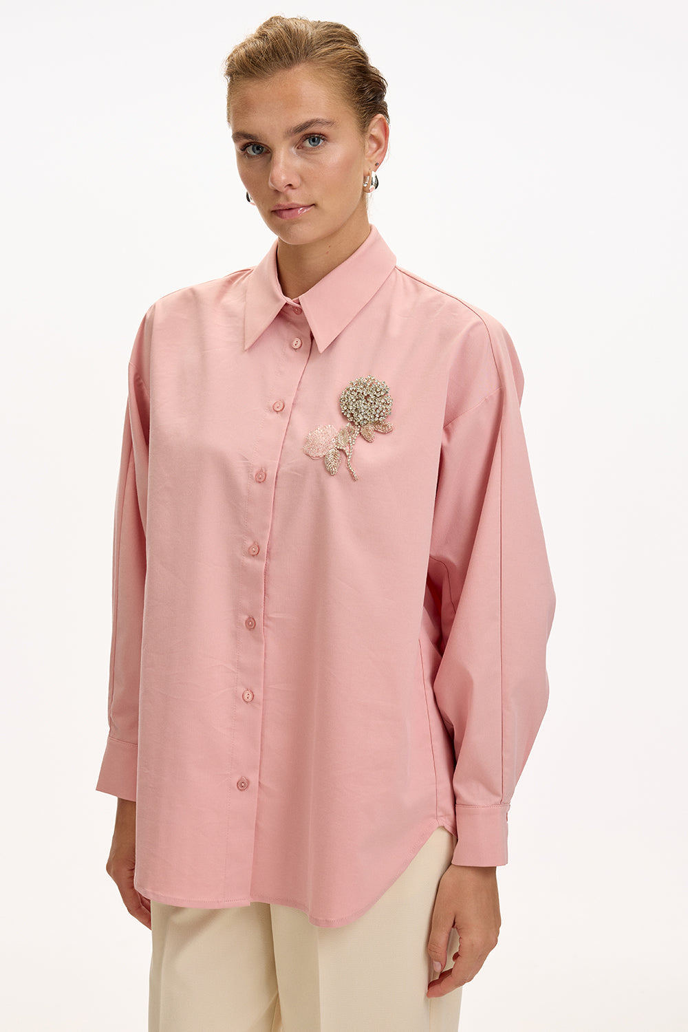 Dusty Rose Regular Fit Shirt with Long Sleeves and Floral Stone Embellishments