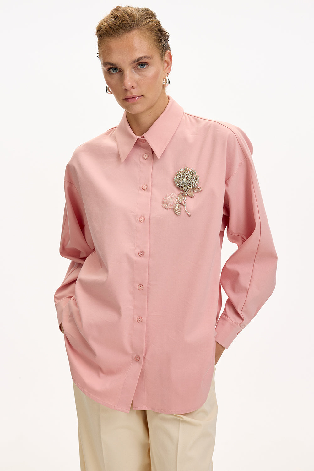 Dusty Rose Regular Fit Shirt with Long Sleeves and Floral Stone Embellishments
