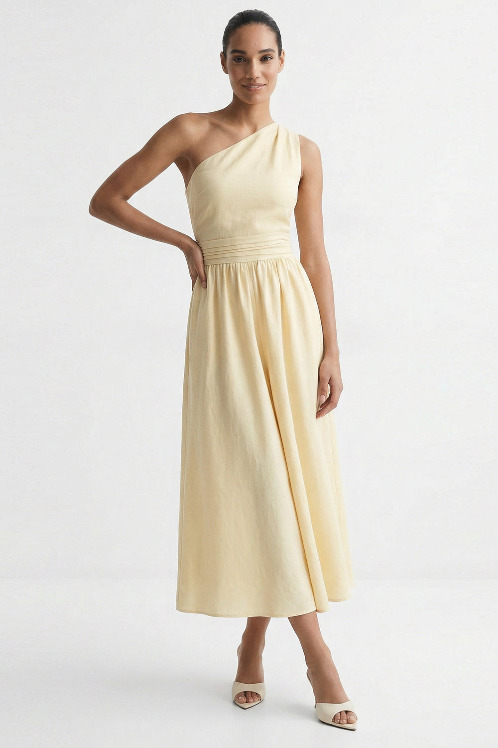Elastic Waist Linen Blend Midi Dress - ECRU