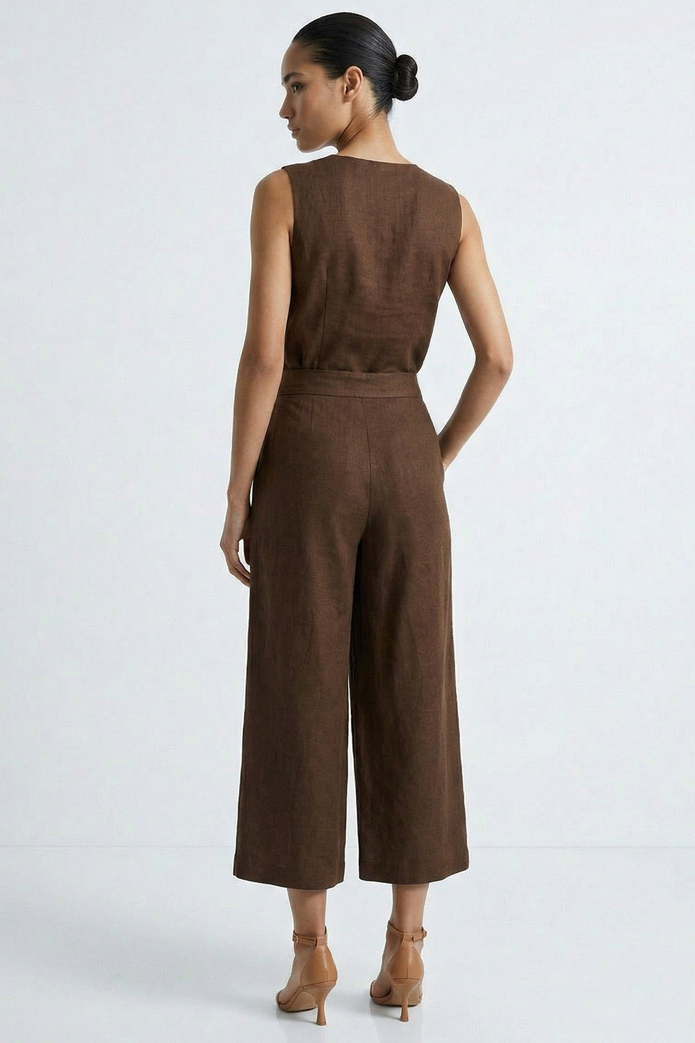 Pocket Zipper Culotte Linen Pants - BROWN