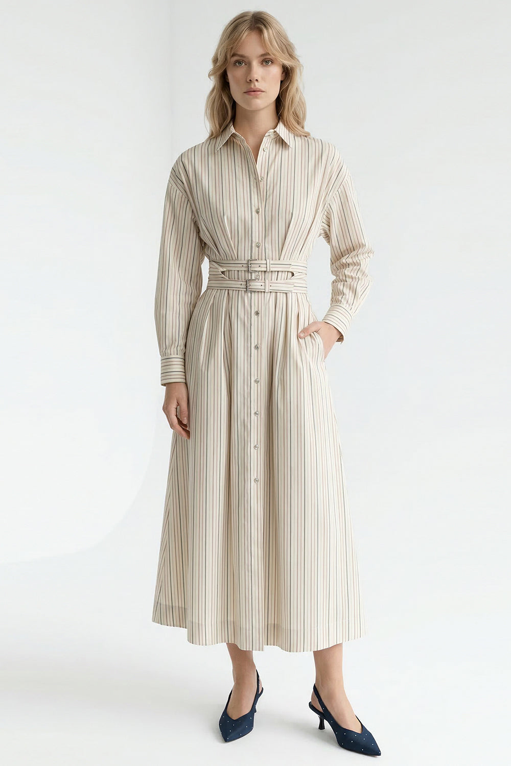 Long Sleeve Midi Shirt Dress - BEIGE