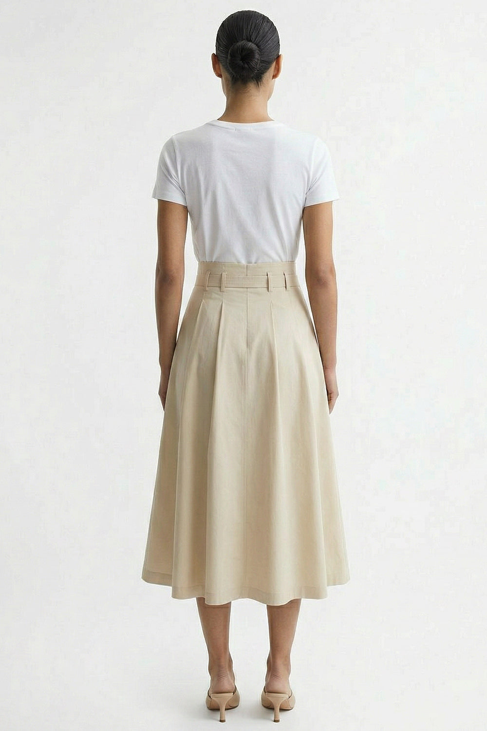Belted High Waist Pleated Midi Skirt - CREAM