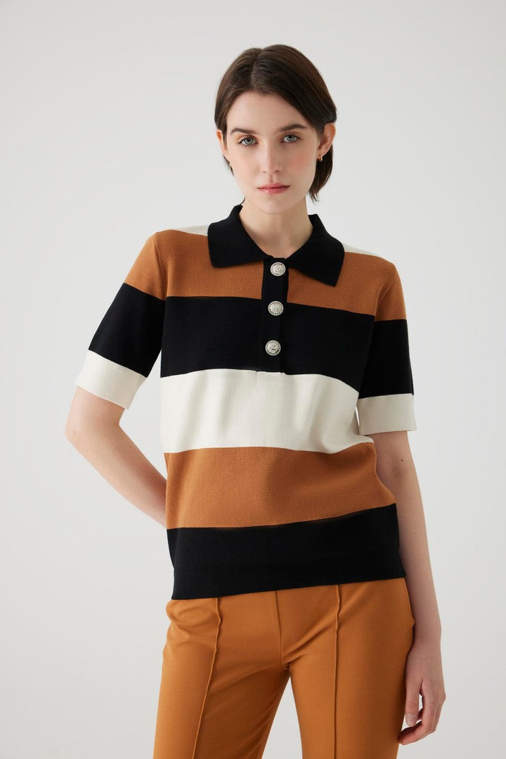 Striped Knit Blouse with Polo Collar