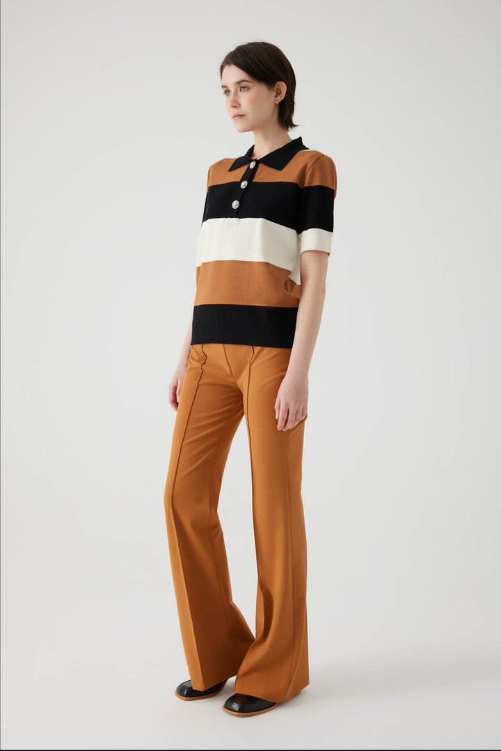 Striped Knit Blouse with Polo Collar