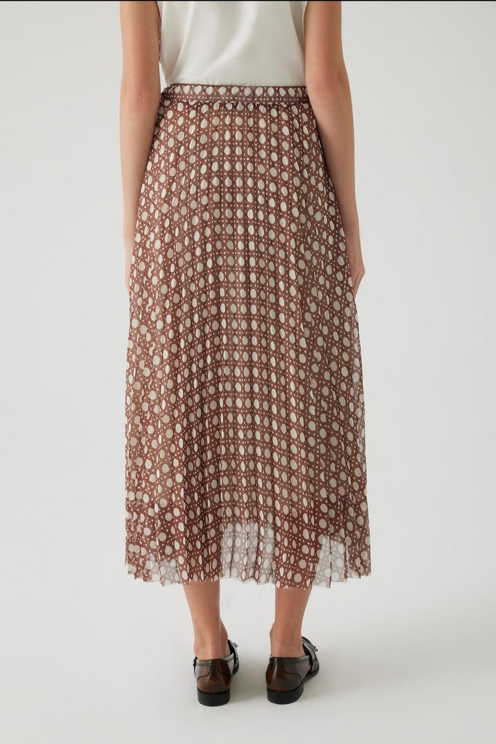 Brown Relaxed Fit Patterned Midi Skirt with Pleats and Elastic Waist