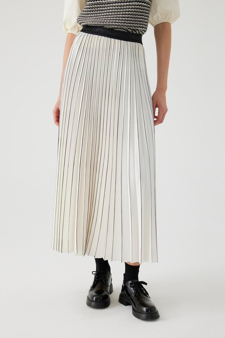 Bone Regular Fit Pleated Midi Skirt with Hand-Painted Details