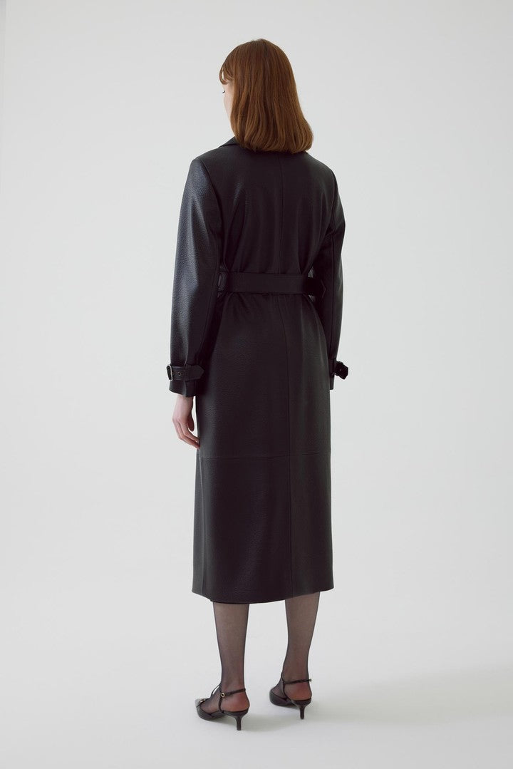 Black Regular Fit Belted Trench Coat in Eco Leather