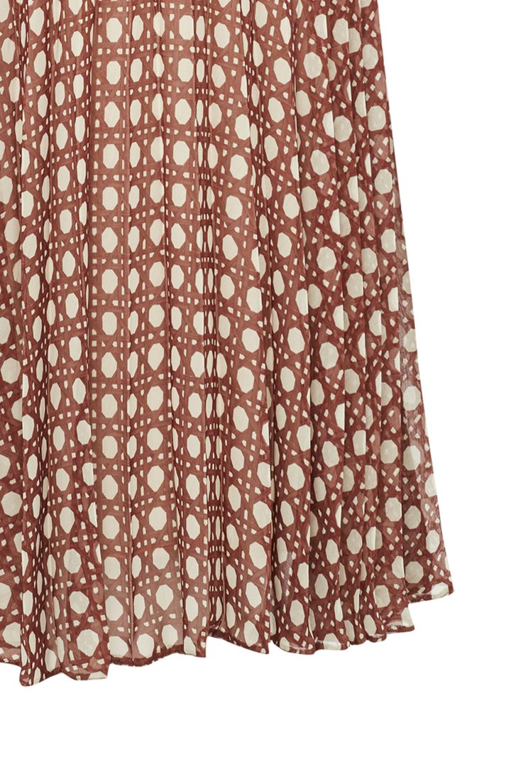 Brown Relaxed Fit Patterned Midi Skirt with Pleats and Elastic Waist