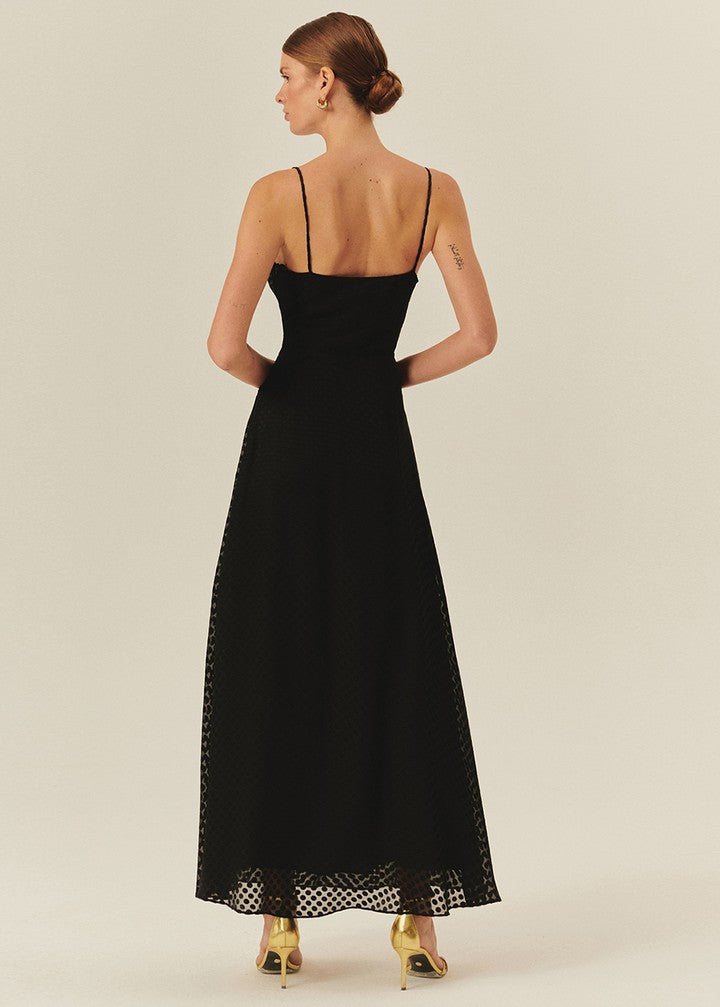 Sleeveless Black Maxi Dress with Polka Dot Accents and a Cinched Waist