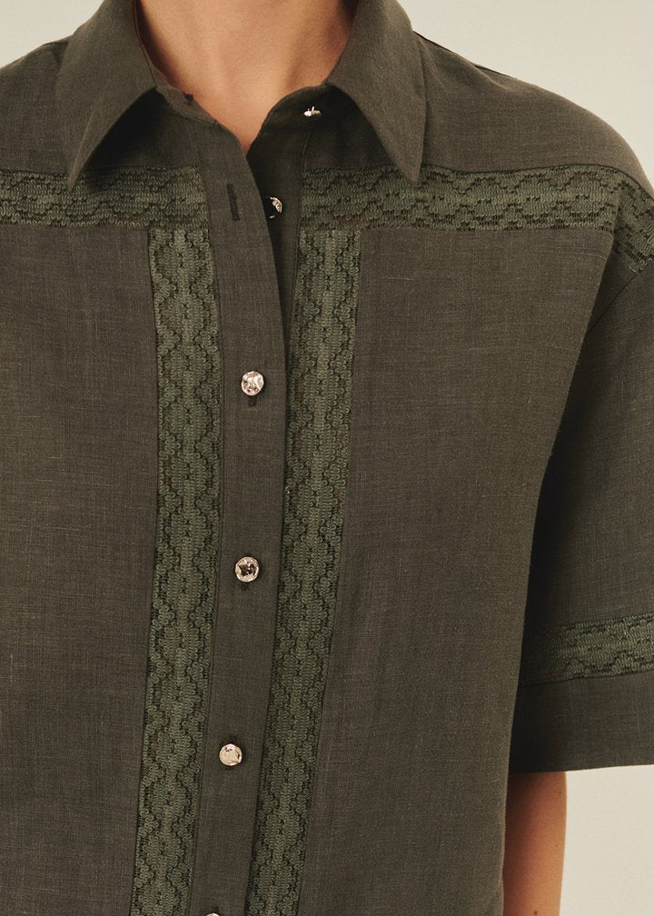 Embroidered Linen Button-Up
