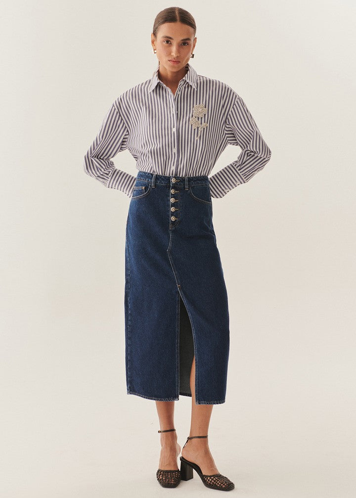 High-Waisted Denim Skirt with Contrast Waistband
