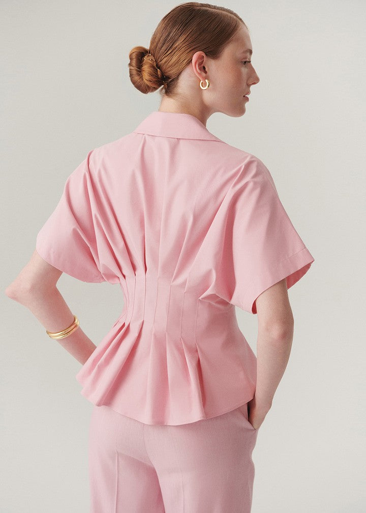 Pleated Waist Button-Up Blouse