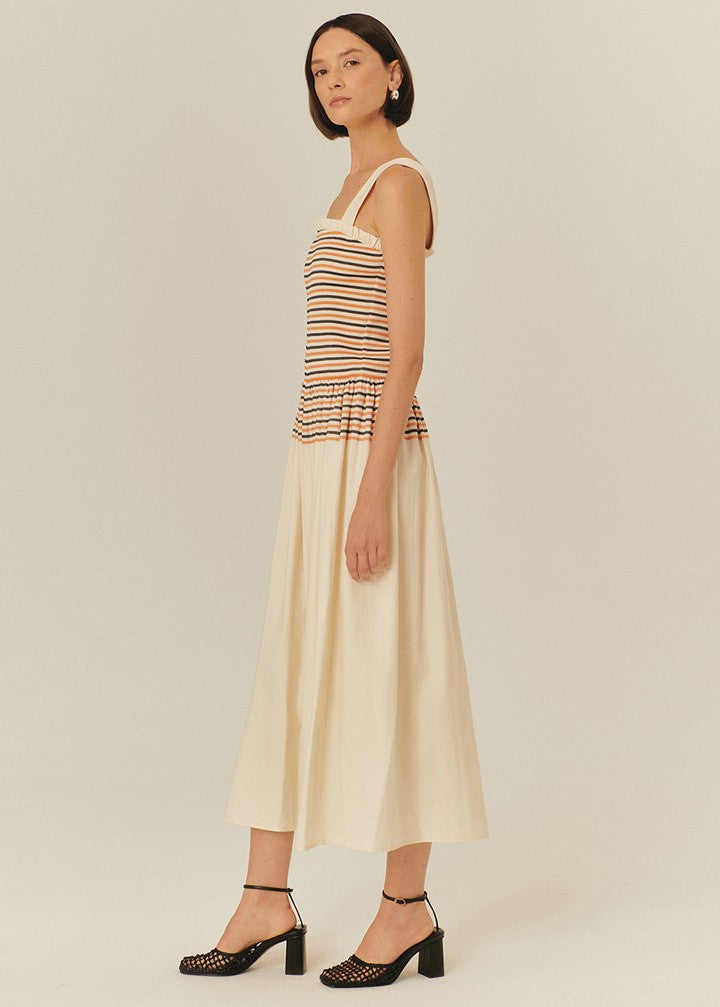 Striped Smocked Bodice Midi Dress