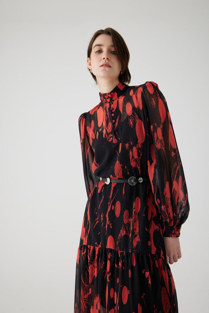 Red Printed Chiffon Regular Fit Dress with Belt