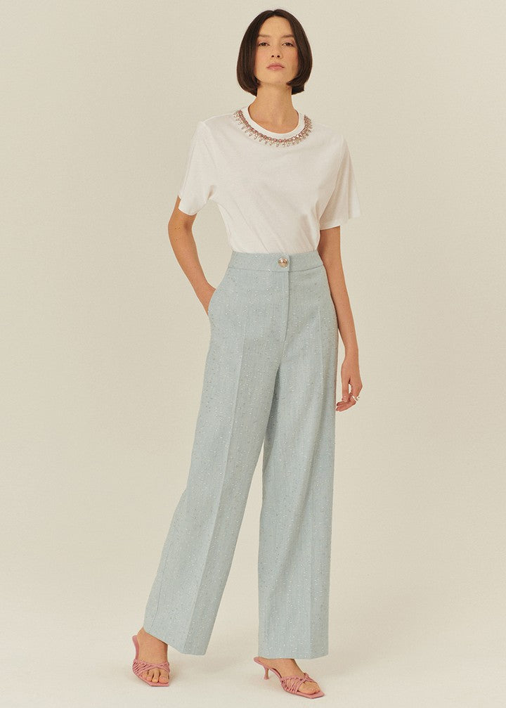 High-Waist Blue Trousers with Glossy Accents