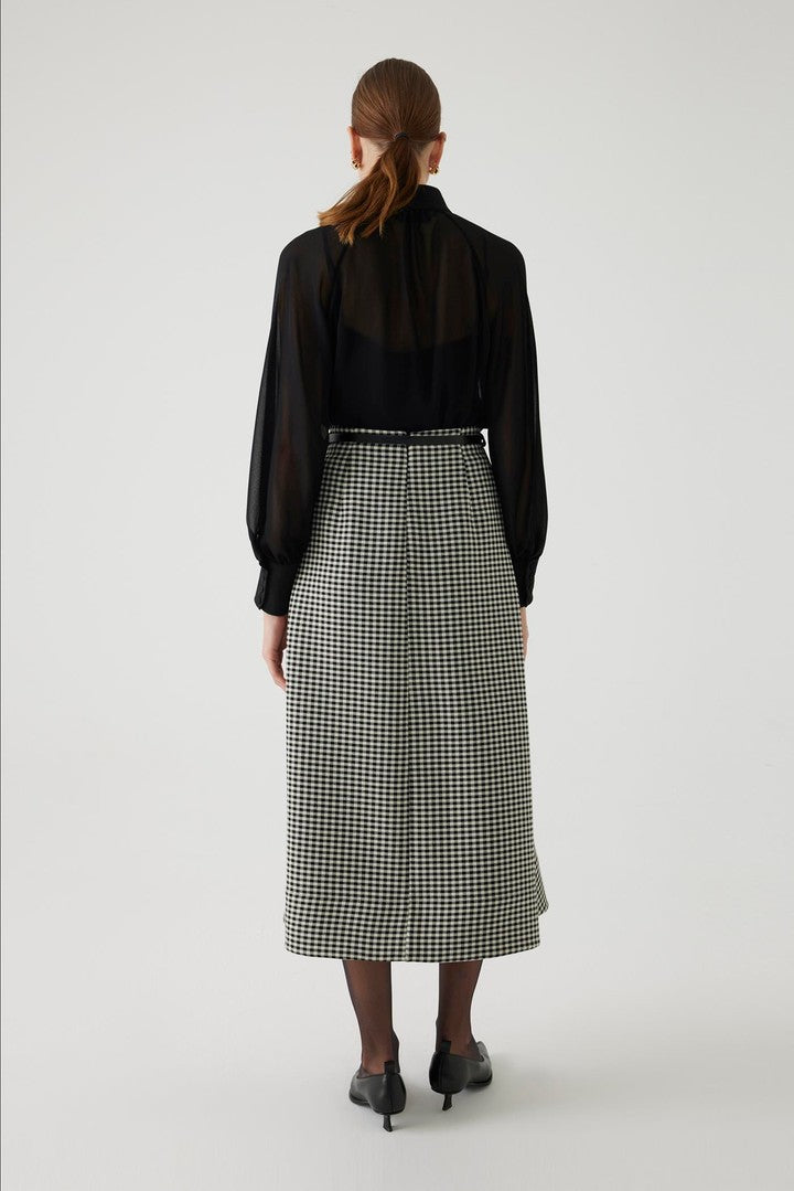 A-Line Gingham Patterned Midi Skirt with Belt