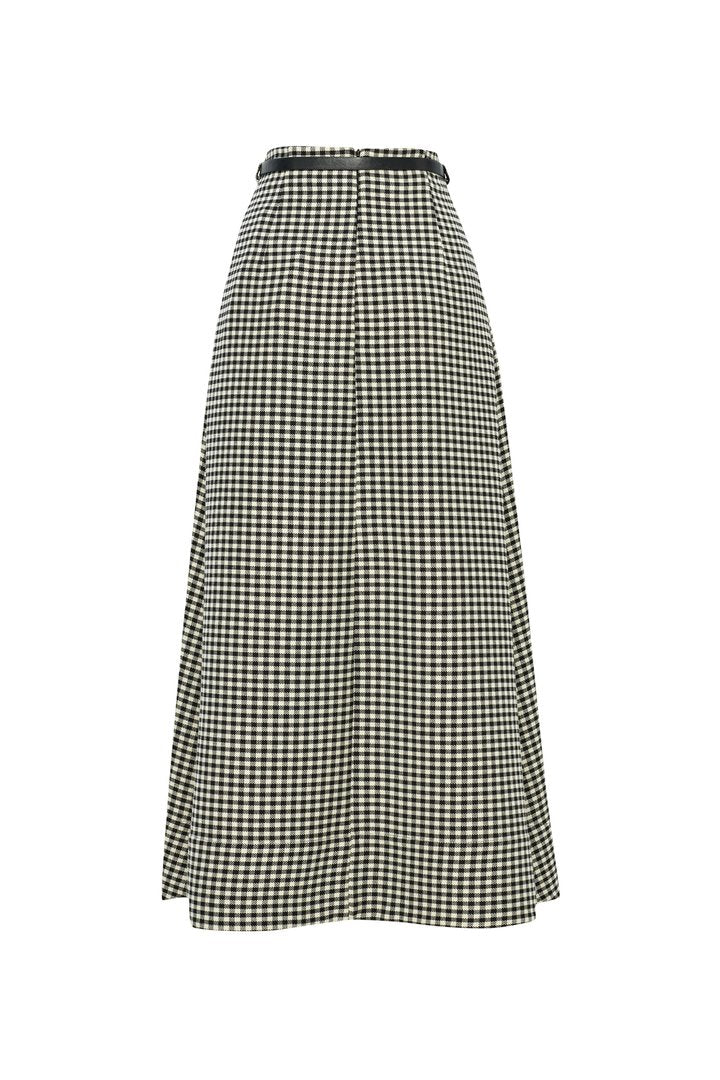 A-Line Gingham Patterned Midi Skirt with Belt