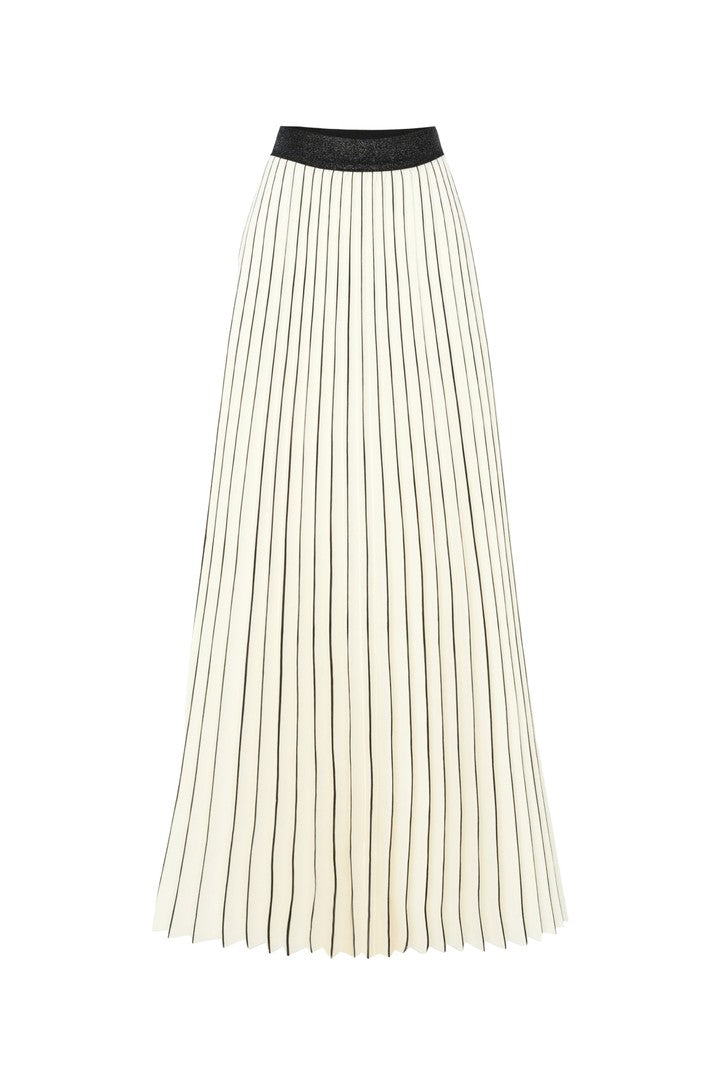 Bone Regular Fit Pleated Midi Skirt with Hand-Painted Details