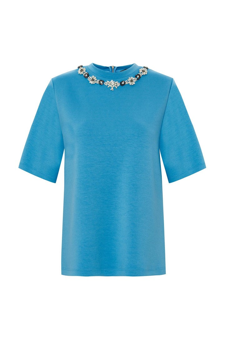 Blue Regular Fit T-Shirt with Crystal Embellished Neckline