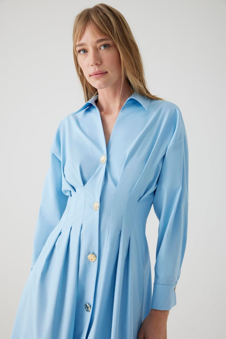 Cotton Midi Shirt Dress with Button Details and Fitted Waist