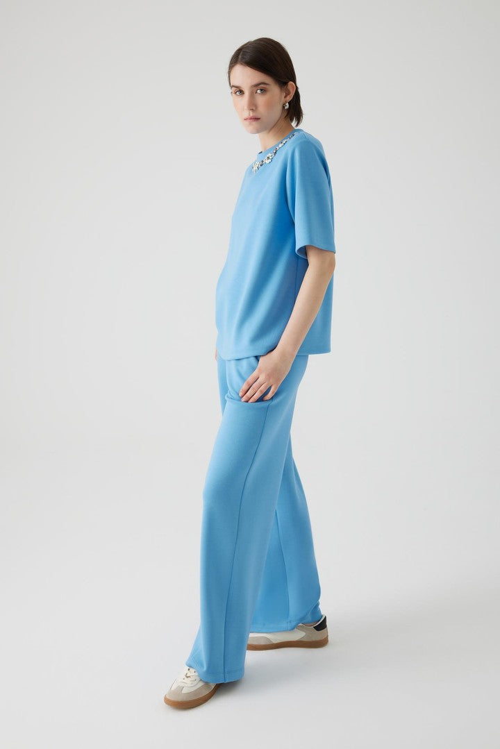 Blue Regular Fit T-Shirt with Crystal Embellished Neckline