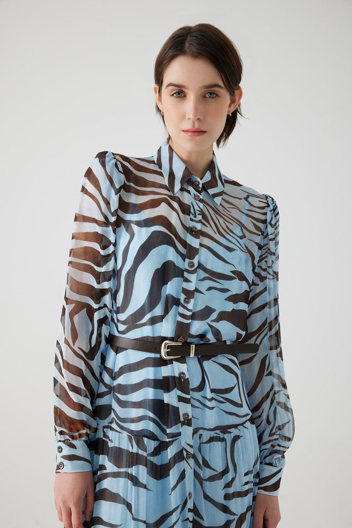 Regular Fit Zebra Print Maxi Dress with Belt and Lining