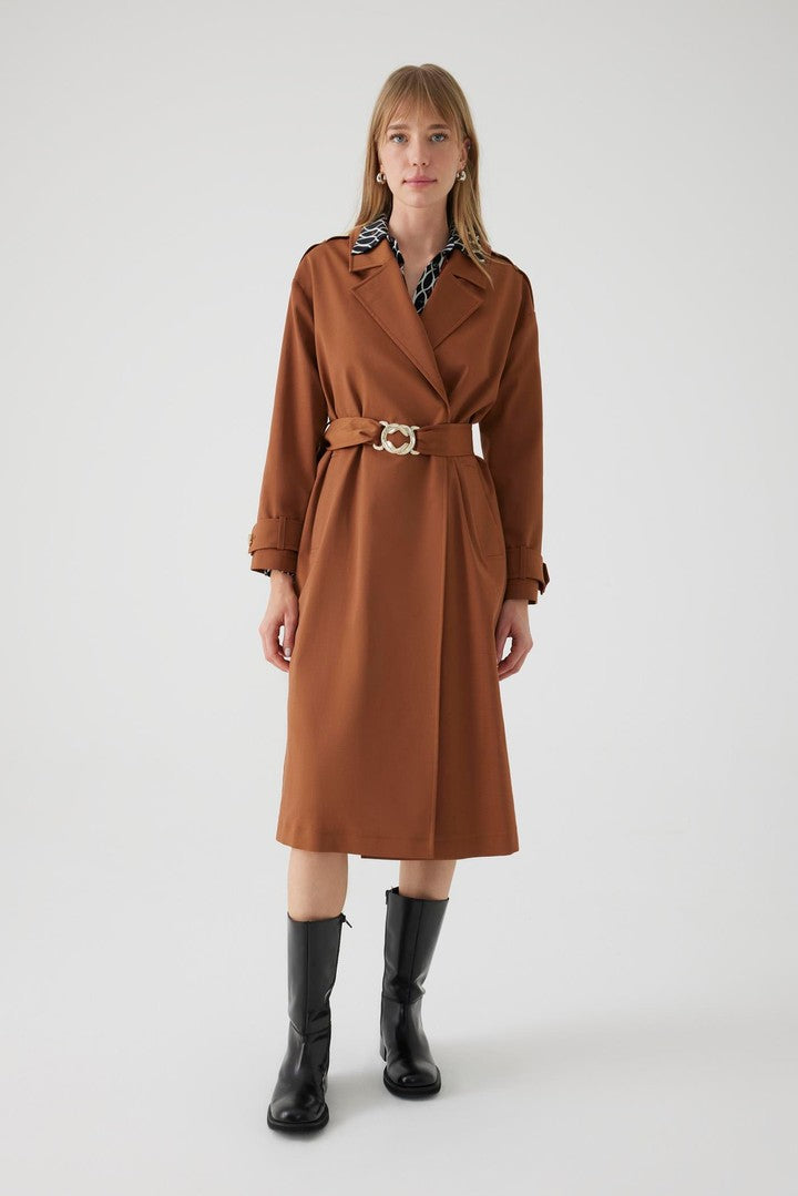 Regular Belted Cotton Trench Coat - Camel