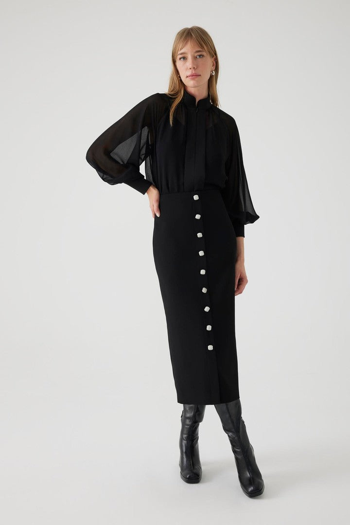 Black Button-Front Midi Pencil Skirt