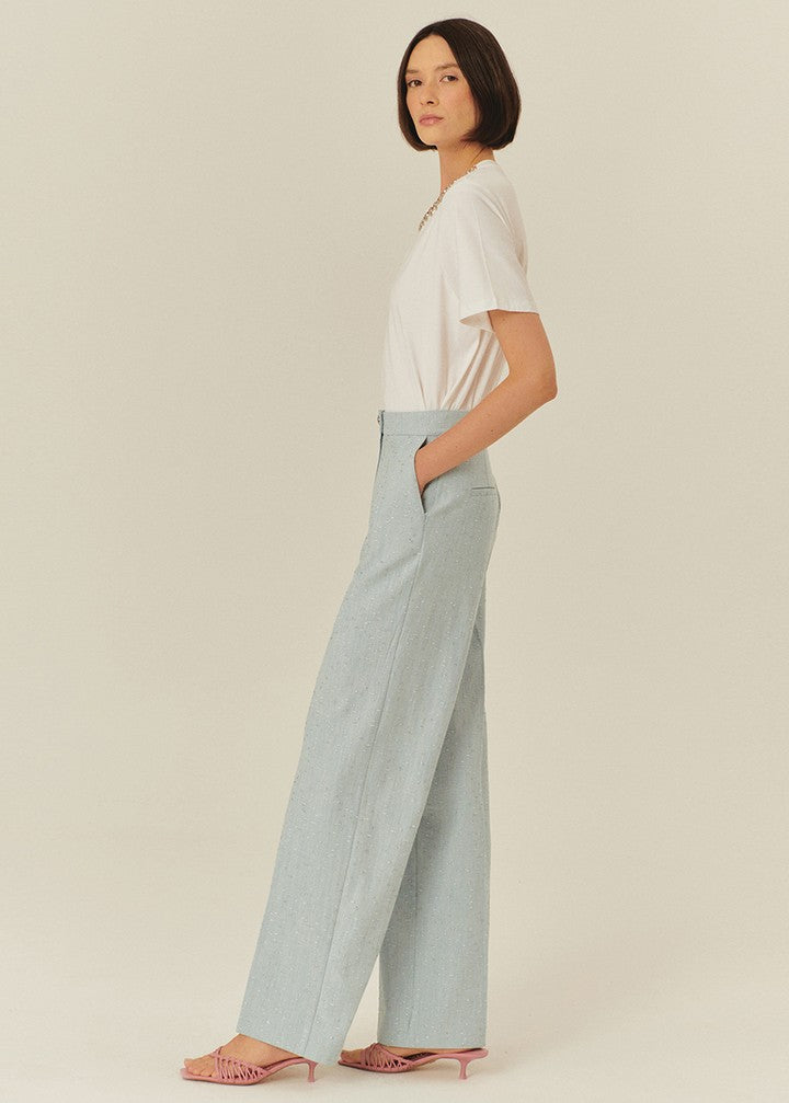 High-Waist Blue Trousers with Glossy Accents