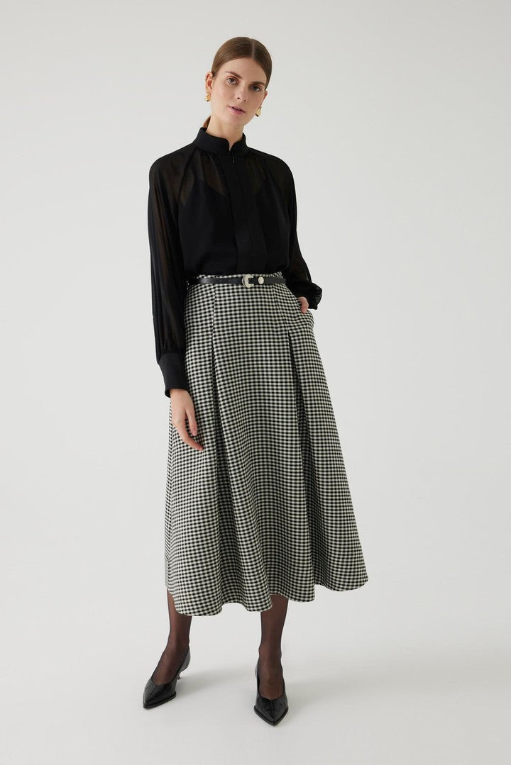 A-Line Gingham Patterned Midi Skirt with Belt
