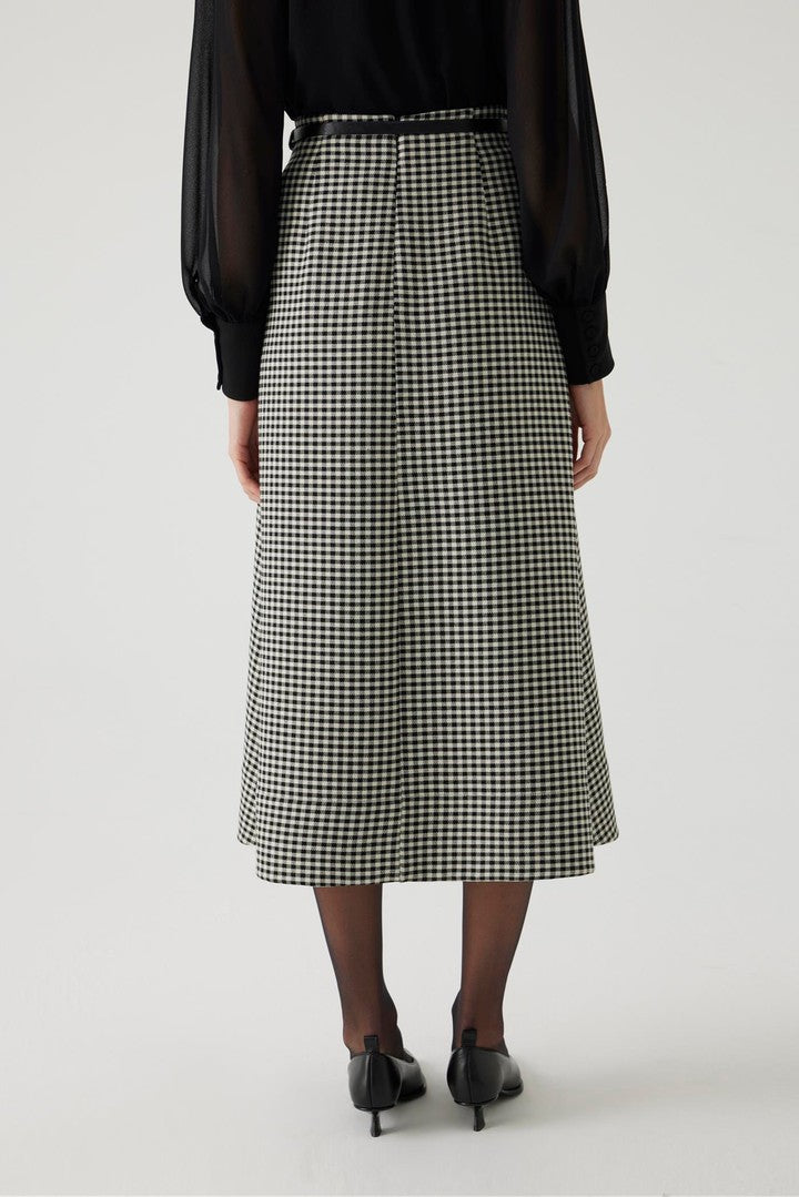 A-Line Gingham Patterned Midi Skirt with Belt