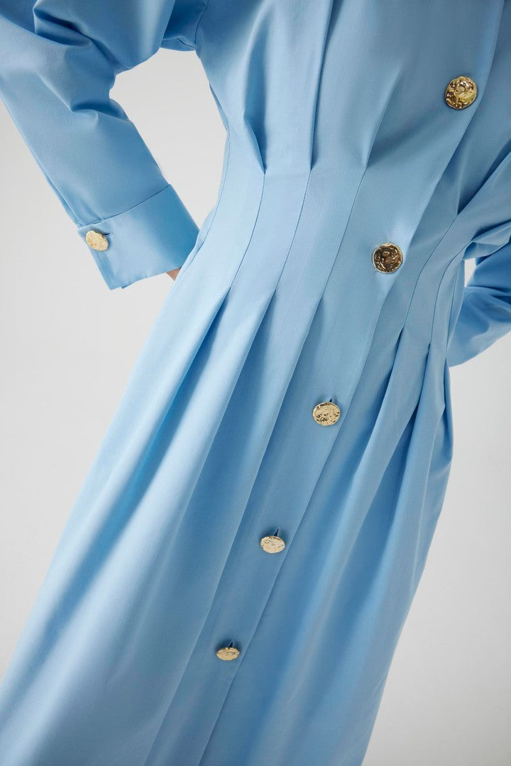 Cotton Midi Shirt Dress with Button Details and Fitted Waist