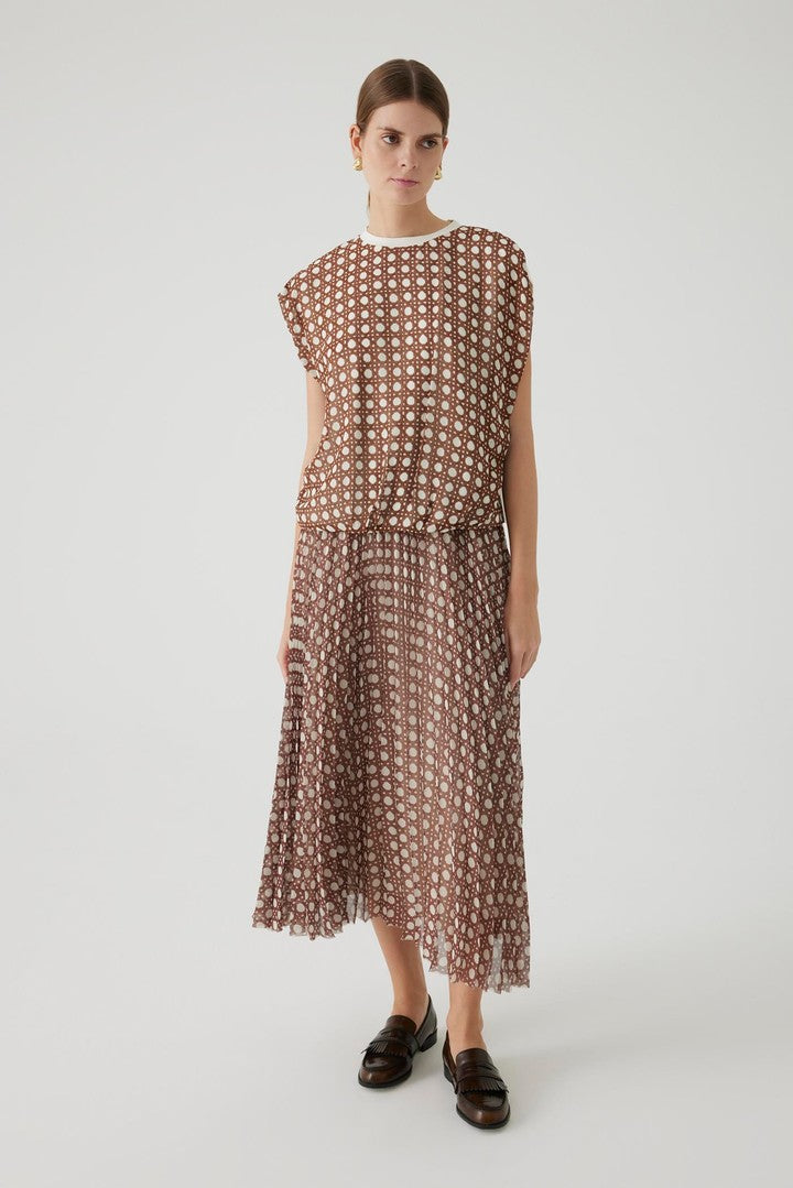 Brown Relaxed Fit Patterned Midi Skirt with Pleats and Elastic Waist