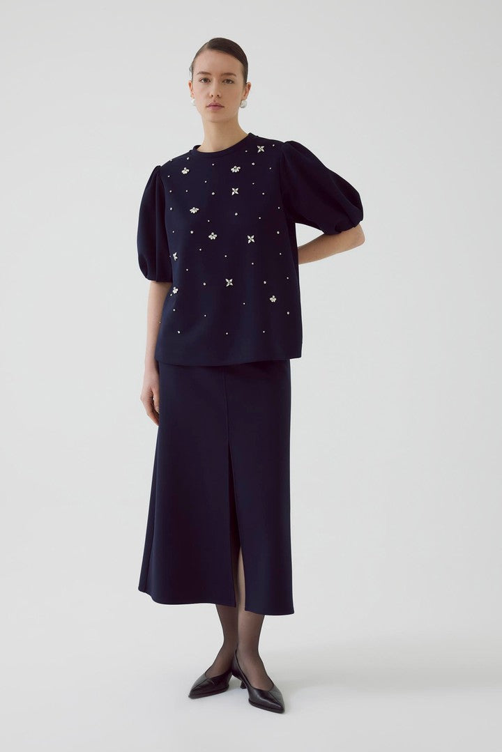 Navy Regular Fit Knit Sweatshirt with Crystal Stone Embellishments and Short Balloon Sleeves