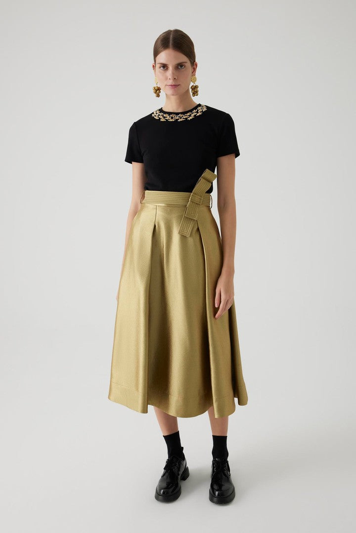 Regular Fit Gold Midi Skirt with Belt Detail