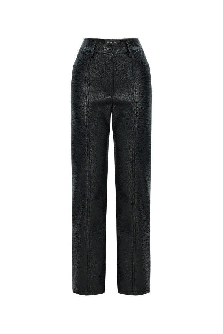 Black Straight Cut Pants in Vegan Leather