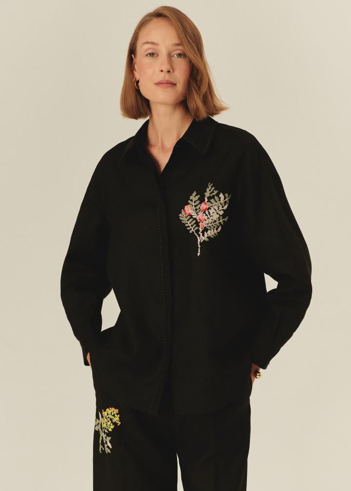 Relaxed Fit Black Pure Linen Shirt with Embroidered Details