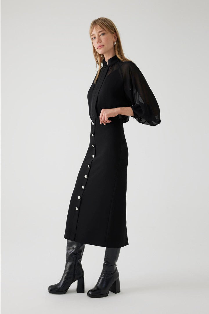 Black Button-Front Midi Pencil Skirt