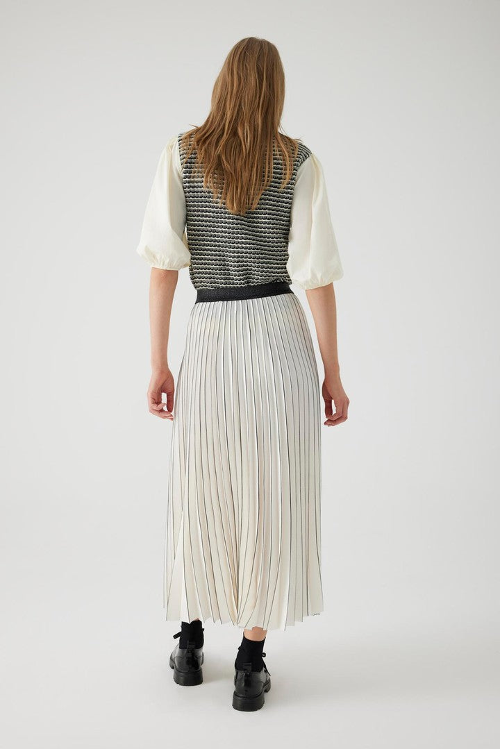 Bone Regular Fit Pleated Midi Skirt with Hand-Painted Details