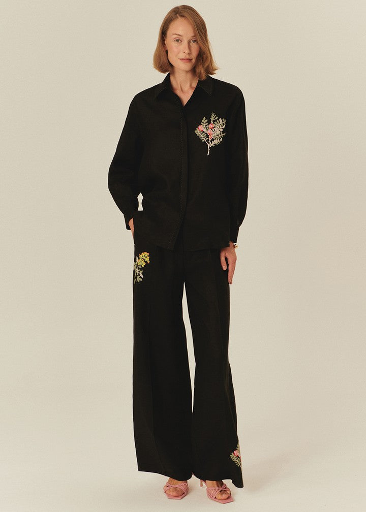 Relaxed Fit Black Pure Linen Shirt with Embroidered Details