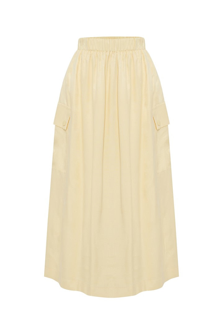 Elastic Waist Pocket Detailed Lyocell Yellow Midi Skirt