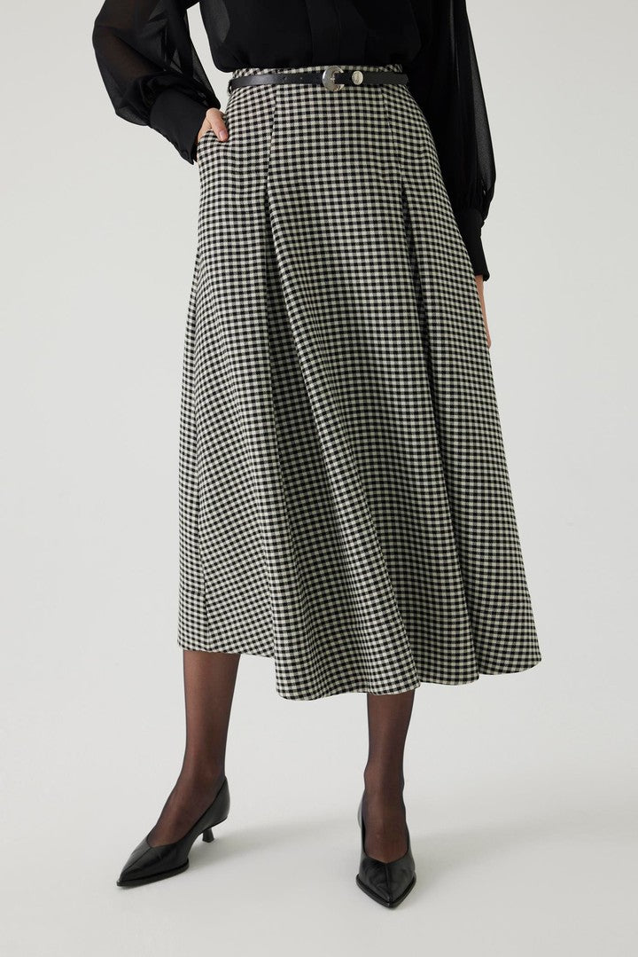 A-Line Gingham Patterned Midi Skirt with Belt